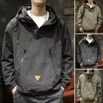 Мужской плащ однотонный длинный рукав полумолния капюшон куртка с карманами на молнии свободный крой тонкая куртка для отдыха M зелёный