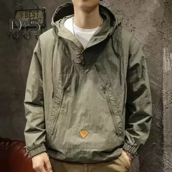 Мужской плащ однотонный длинный рукав полумолния капюшон куртка с карманами на молнии свободный крой тонкая куртка для отдыха M зелёный