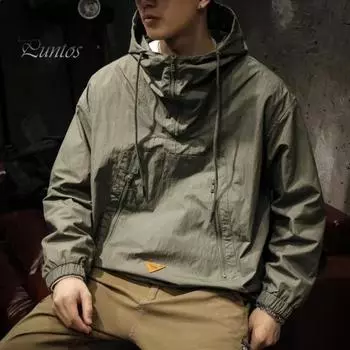 Мужской плащ однотонный длинный рукав полумолния капюшон куртка с карманами на молнии свободный крой тонкая куртка для отдыха M зелёный