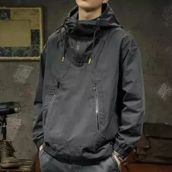 Мужской плащ однотонный длинный рукав полумолния капюшон куртка с карманами на молнии свободный крой тонкая куртка для отдыха L чёрный