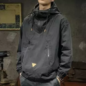 Мужской плащ однотонный длинный рукав полумолния капюшон куртка с карманами на молнии свободный M зелёный