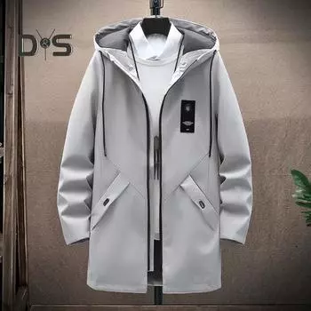 Мужской плащ с капюшоном, длинными рукавами, завязками на шнурке, средней длины, с карманами, однотонная ветровка на молнии M серый
