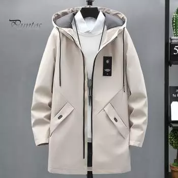 Мужской плащ с капюшоном, длинными рукавами, завязками на шнурке, средней длины, с карманами, однотонная ветровка на молнии XXXL чёрный