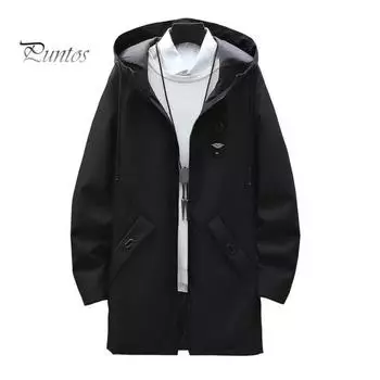 Мужской плащ с капюшоном, длинными рукавами, завязками на шнурке, средней длины, с карманами, однотонная ветровка на молнии XXXL чёрный