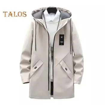 Мужской плащ с капюшоном, длинными рукавами, завязками на шнурке, средней длины, с карманами, однотонная ветровка на молнии M чёрный