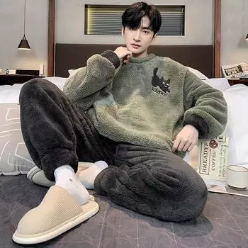 Мужской плюшевый пижамный комплект с героями мультфильмов — круглый вырез, длинный рукав, теплые брюки, идеально подходит для осени и зимы. XXL