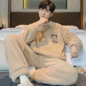 Мужской плюшевый пижамный комплект — удобный, плотный, с круглым вырезом для подростков и мальчиков, идеально подходит для дома и улицы осенью и зимой. XL