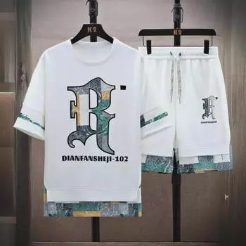 Мужской поддельный спортивный костюм из двух частей большого размера для повседневного ношения: Модный летний наряд с короткими рукавами для студентов 2XL белый