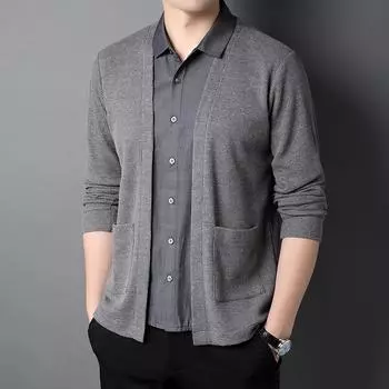 Мужской поддельный свитер из двух частей, весна и осень, новый модный кардиган с воротником-рубашкой, свитер, куртка, мужской комплект из двух частей M чёрный