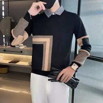 Мужской поддельный свитер из двух частей, осенне-зимняя полосатая рубашка с воротником и подкладкой, мужская повседневная рубашка, жилет, свитер, модный M