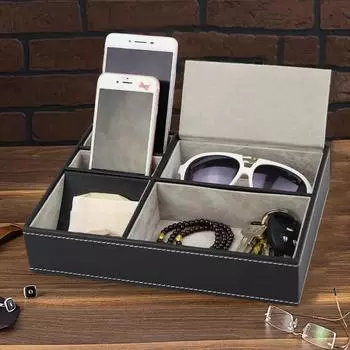Мужской поднос из искусственной кожи с 5 отделениями, органайзер для подноса, прочный органайзер для тумбочки, комод, ящик для ключей, кошелек, стакан чёрный