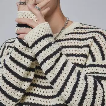 Мужской полосатый вязаный свитер с длинным рукавом - стиль осень/зима L