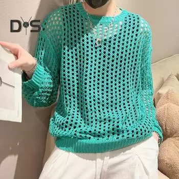 Мужской полый топ в сетку, однотонный, с круглым вырезом, свободный, с длинными рукавами, Клубная одежда в стиле хип-хоп, прозрачный эластичный пуловер, вечерние топ 2XL циан