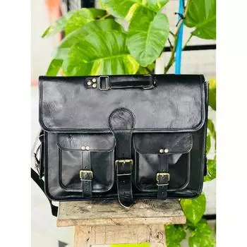 Мужской портфель ручной работы из натуральной кожи, винтажный портфель для ноутбука, сумка-портфель 15 x 11 x 5 in чёрный