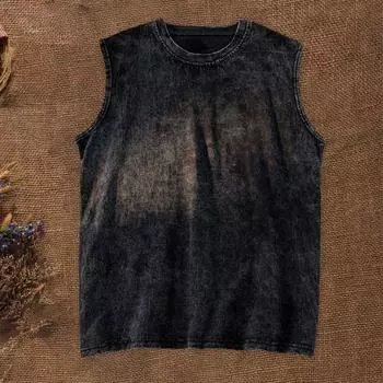 Мужской потертый жилет с круглым вырезом, стираный пуловер, свободные топы без рукавов, ретро-майки, уличная одежда 2XL чёрный