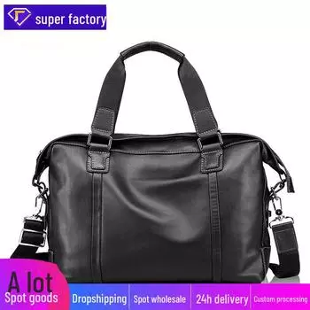 Мужской повседневный деловой портфель из натуральной кожи - вместительная сумка с горизонтальным отделением для компьютера, первый слой из коровьей кожи. 14 inches чёрный