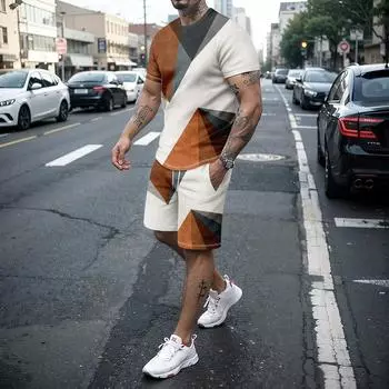 Мужской повседневный дышащий комплект из 2 предметов с 3D-линией, мужская футболка с короткими рукавами и модные шорты, летний комплект на открытом воздухе XXXL