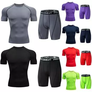 Мужской повседневный фитнес-быстро сохнущий эластичный короткий рукав с короткими штанами Спортивный костюм L серый