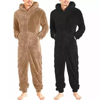 Мужской повседневный комбинезон на молнии с длинными рукавами, пижамный комплект, топы с капюшоном, однотонная зимняя одежда для сна, плюшевая одежда L коричневый