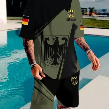 Мужской повседневный комплект из 2 предметов: футболка с принтом орла + активные шорты, соответствующий комплект для фитнеса S