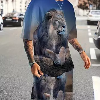 Мужской повседневный комплект из 2 предметов: футболка с 3D-принтом льва + активные шорты, соответствующий комплект для фитнеса S