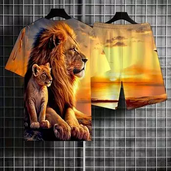 Мужской повседневный комплект из 2 предметов: футболка с принтом льва + активные шорты, соответствующий комплект для фитнеса S