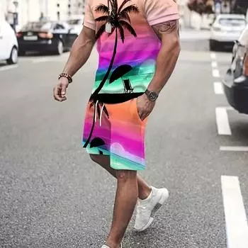 Мужской повседневный комплект из 2 предметов: футболка с принтом кокосовых пальм + активные шорты, соответствующий комплект для фитнеса S