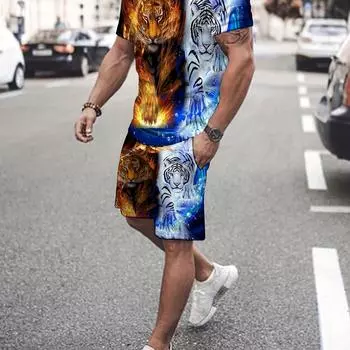 Мужской повседневный комплект из 2 предметов: футболка с тигровым принтом + активные шорты, соответствующий комплект для фитнеса S