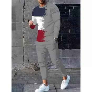 Мужской повседневный комплект из 2 предметов: футболка с длинным рукавом и брюки, удобная футболка с круглым вырезом, дышащие однотонные брюки S