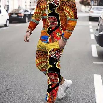 Мужской повседневный комплект из 2 предметов, шикарная футболка с длинным рукавом и принтом 3D, эластичные джоггеры, подходящий комплект для занятий спортом S