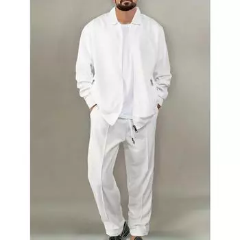 Мужской повседневный комплект из двух предметов: однотонная куртка и брюки, куртка на молнии по всей длине с карманами, дышащие и удобные брюки на шнурке S белый