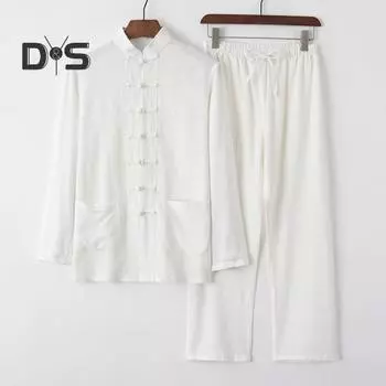 Мужской повседневный комплект из двух предметов в китайском стиле с воротником-стойкой, длинными рукавами, пряжками-дисками, карманами, рубашкой и эластичным поясом на завязках, длинные брюки M серый