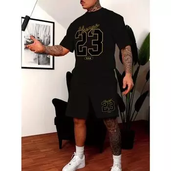 Мужской повседневный комплект из футболки с круглым вырезом и тропическим растительным принтом с коротким рукавом и шорт, повседневный комплект из двух предметов для отпуска