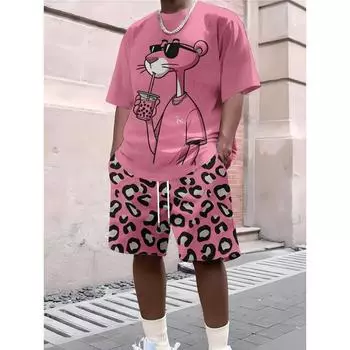 Мужской повседневный комплект из трикотажной ткани, летний повседневный, удобный, стильный, с 3D-цифровым принтом, с изображением розовой пантеры S