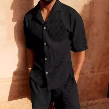 Мужской повседневный комплект с полосатой рубашкой с коротким рукавом и шортами, дышащая домашняя одежда, несколько цветов S чёрный