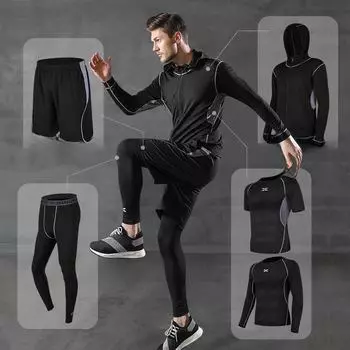 «Мужской повседневный костюм для фитнеса и йоги с шортами, тайтсами и топом с короткими рукавами» five piece suit, L чёрный