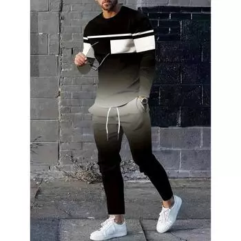 Мужской повседневный костюм-двойка с геометрическим принтом - стильная футболка с круглым вырезом, дышащие удобные брюки на шнурке S