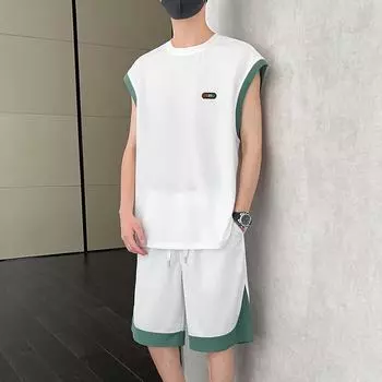 Мужской повседневный костюм-двойка: жилет с надписью на плече и свободные спортивные шорты XXXXL белый