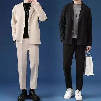 Мужской повседневный костюм, комплект с пиджаком, уличная одежда, стильные корейские комплекты из 2 предметов с брюками, весеннее пальто и брюки L чёрный