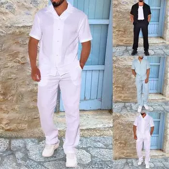 Мужской повседневный костюм, летняя свободная рубашка с коротким рукавом, брюки на шнуровке, спортивный костюм XXL белый