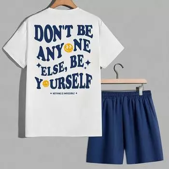 Мужской повседневный костюм, удобная футболка с круглым вырезом и стильной надписью. S