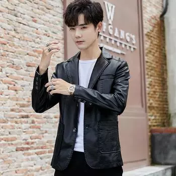 Мужской повседневный кожаный костюм весна-осень новый зеленый корейский вариант тонкий красивый красивый лацкан плюс бархатная куртка из искусственной кожи для мужчин M