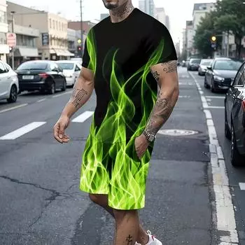 Мужской повседневный летний костюм из двух предметов: привлекательный пламенный принт, дышащая футболка с короткими рукавами и спортивные шорты с удобными карманами S