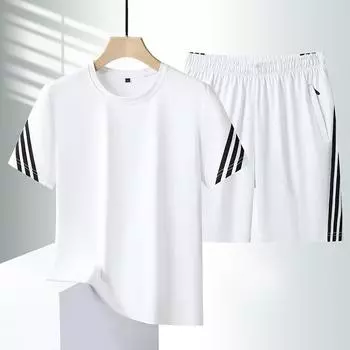 Мужской повседневный летний спортивный костюм Ледяной шелк Шорты с тремя полосками Футболка с коротким рукавом и круглым вырезом Большой размер Комплект из двух предметов 8XL белый