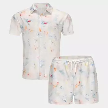 Мужской повседневный модный комплект из двух предметов с принтом, летние новые мужские рубашки с отложным воротником и короткими рукавами S