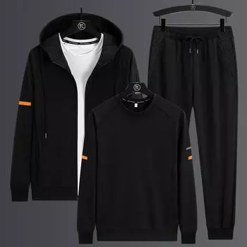 Мужской повседневный модный костюм с капюшоном и длинными рукавами, большого размера, кардиган, толстовка, длинные брюки, комплект из трех предметов 8XL чёрный