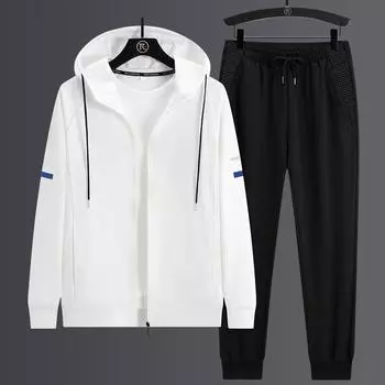 Мужской повседневный модный костюм с капюшоном и длинными рукавами, куртка-кардиган большого размера, худи, длинные брюки, комплект из двух предметов, мужской 8XL белый