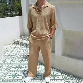Мужской повседневный наряд из 2 шт./компл., топы с v-образным вырезом и лацканами и короткими рукавами, длинные брюки с широкими карманами, однотонный комплект для отдыха XL кофейный
