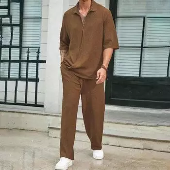 Мужской повседневный наряд из 2 шт./компл., топ с v-образным вырезом и лацканами, карманы, широкие короткие длинные брюки, однотонный комплект для отдыха L чёрный