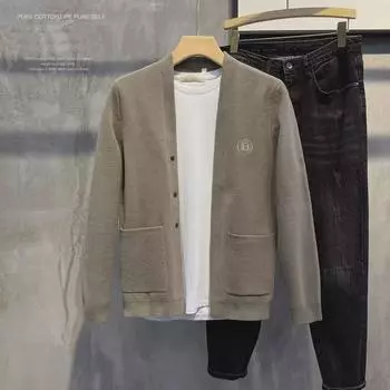 Мужской повседневный однотонный вязаный кардиган с V-образным вырезом и длинным рукавом 2023 года – весенний тренд M хаки